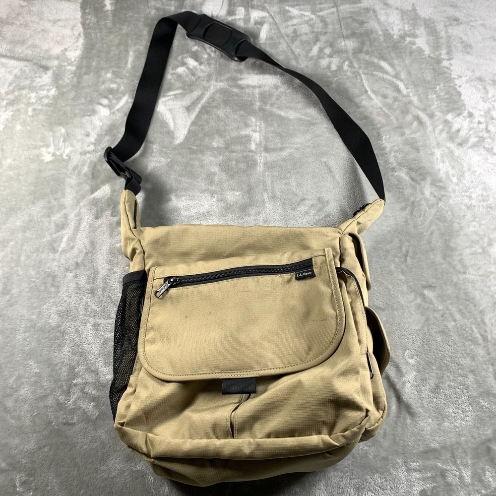 LL Bean Crossbody Messenger Bag Tan Black Satchel Travel Diaper Ripstop  Nylon